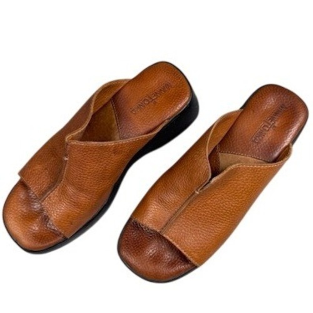 Minnetonka Sandals Womens 6 Brown Pebble Leather Wedge Slide Mules 5625 Tan